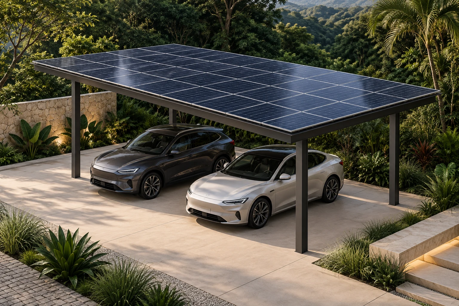 Representação conceitual de um carport solar com dois veículos sob a cobertura fotovoltaica